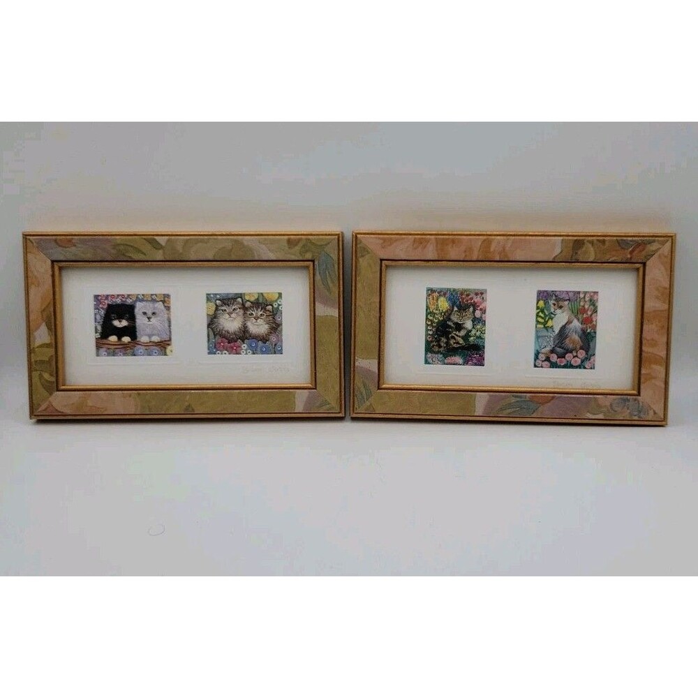 Vintage Sharon Jervis Miniature Framed Cat Prints Signed Set of 2 Country Cats